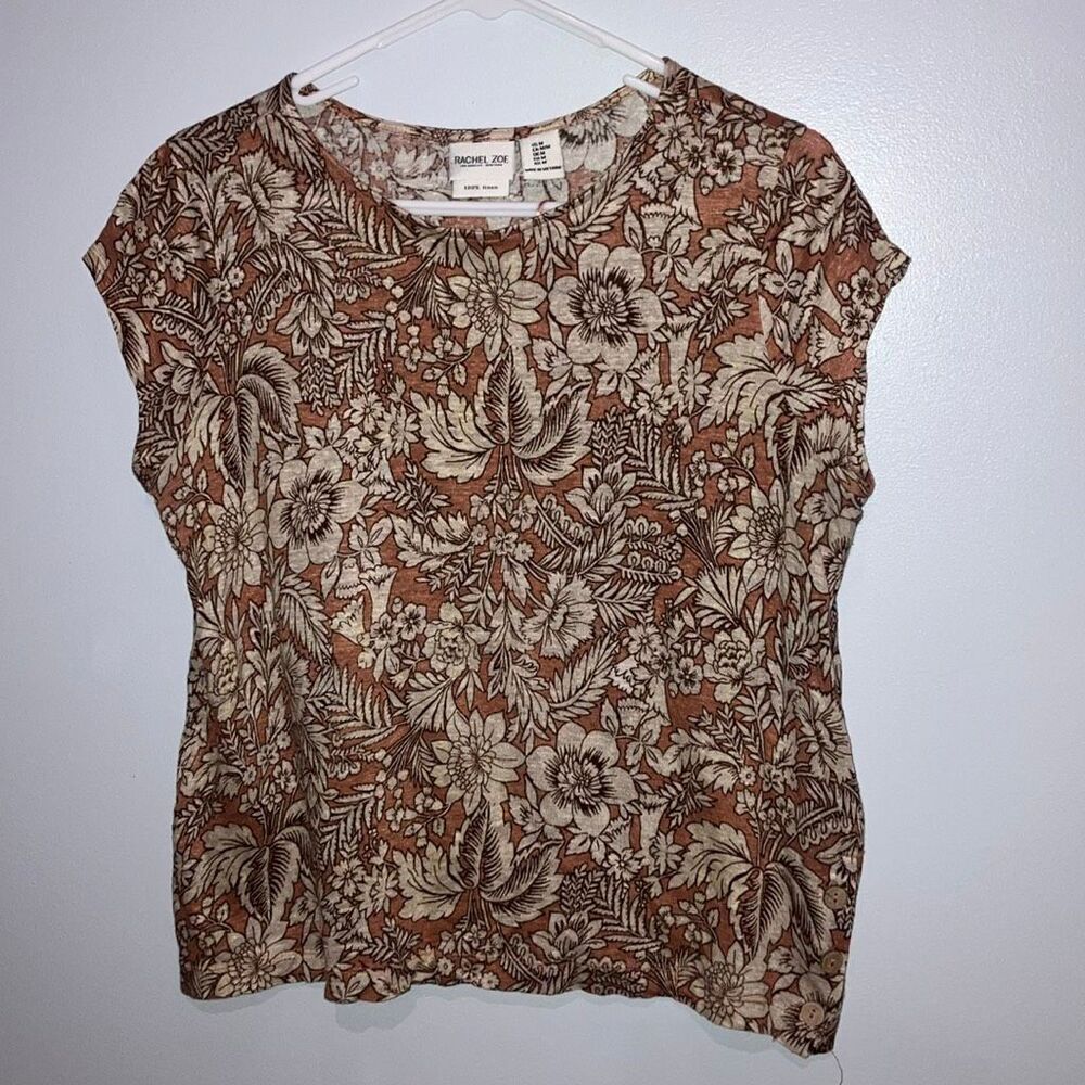 Rachel Zoe Floral Print 100% Linen Size Medium Short sleeve top #500